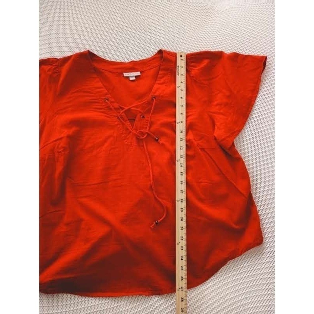 Knox Rose Red Lace Up 100% Cotton Bohemian Blouse  Fits L/ XL Short Slve V-Neck - Picture 6 of 8